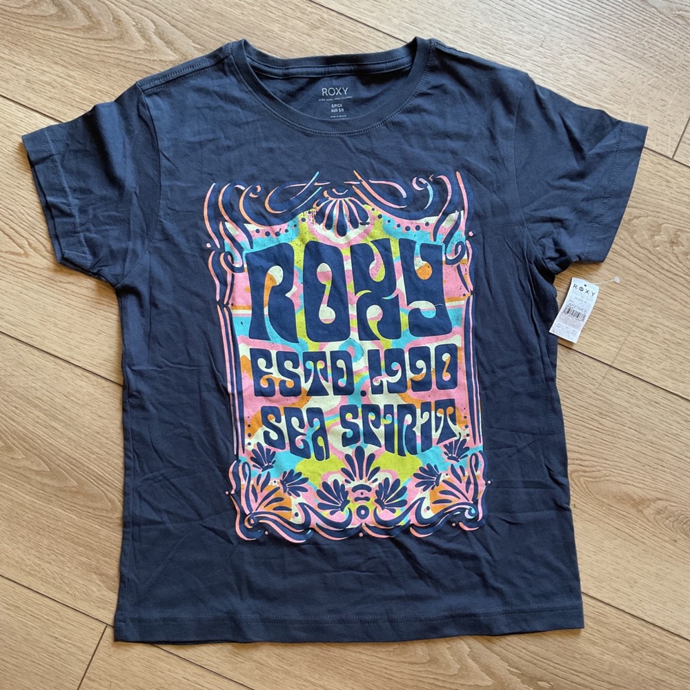 Roxy Sea Spirit Graphic T-Shirt Navy Blue Retro Surf Logo ARJZT07818 Womens S